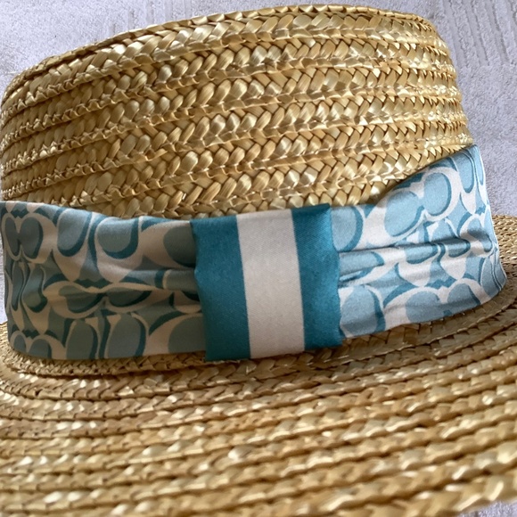 Coach Raffia Brimmed Hat With Silk Scarf Natural SZ S main image 6